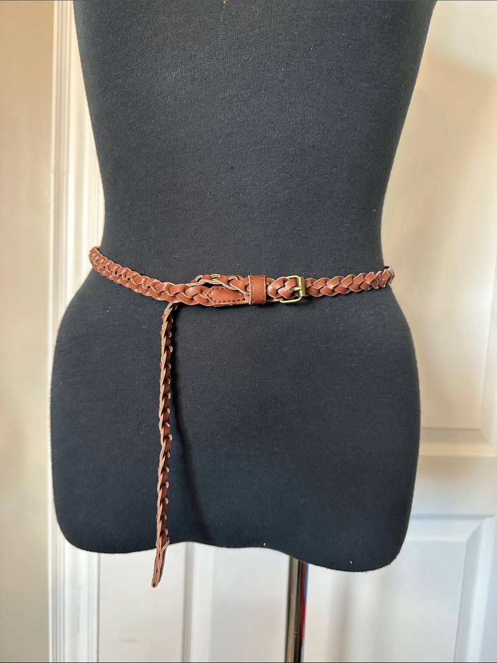 Braided Waist Belt in a faux Brown leather with brass buckle skinny belt 39”